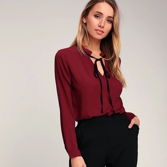 Lulus Tops - NWT Lulu's Tea Shop Top L Blouse Burgundy Wine Ruffle Office Tie Front Polyester